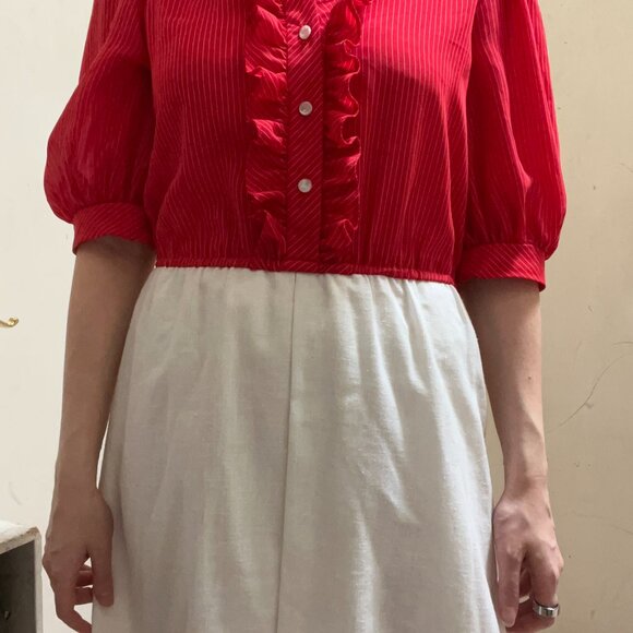 Vintage Cheekaberry Red & White Pinstripe Midi Dress | Ruffle Trim | M/L - Picture 5 of 6